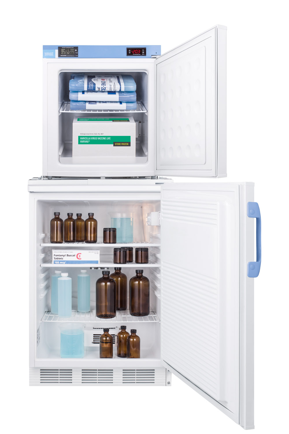 Stacked combination of FF7LWBIMED2 auto defrost all-refrigerator and FS24LMED2 compact manual defrost all-freezer, both with locks, digital controls, and NIST calibrated alarm/thermometers